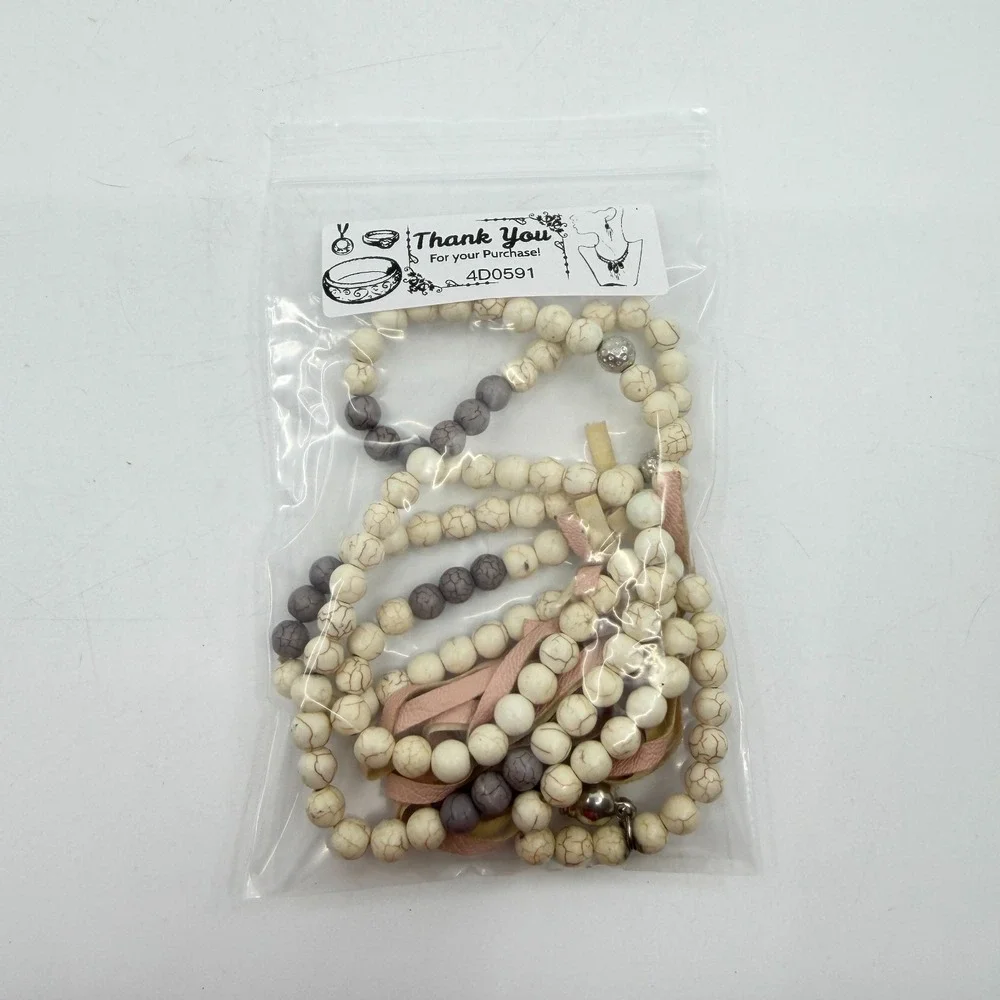 Boho White Howlite Bead Long Necklace Pink Faux Leather Tassel Statement